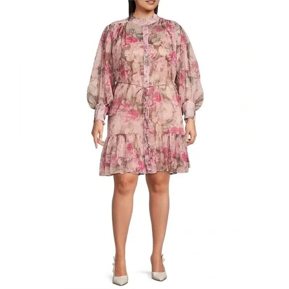Alex Marie Dresses & Skirts - Alex Marie 24W Pink Purple Floral Long Puffed Sleeve Mock Neck Tiered Hem Dress
